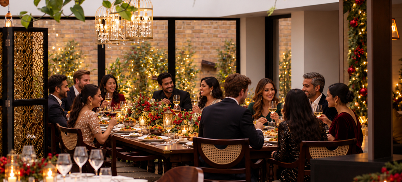 a group of people sitting around a table with food and drinks