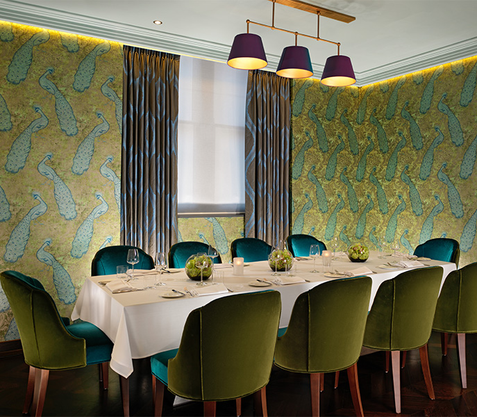 a room with a table and chairs
