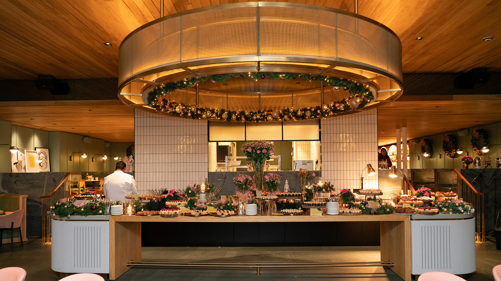 a buffet table with food on it