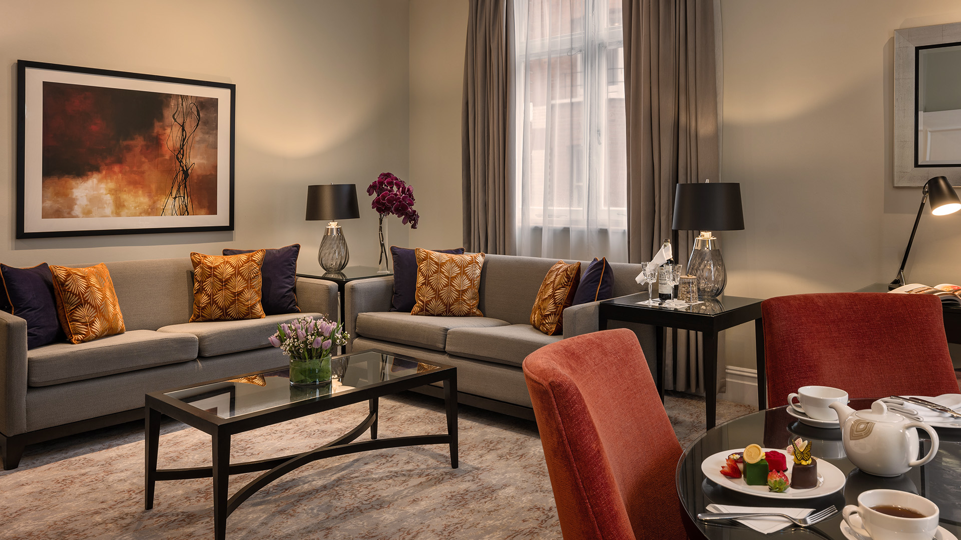a living room with a couch and a table