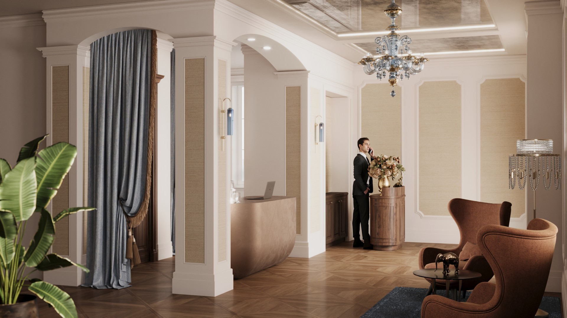 a man standing in a hotel lobby