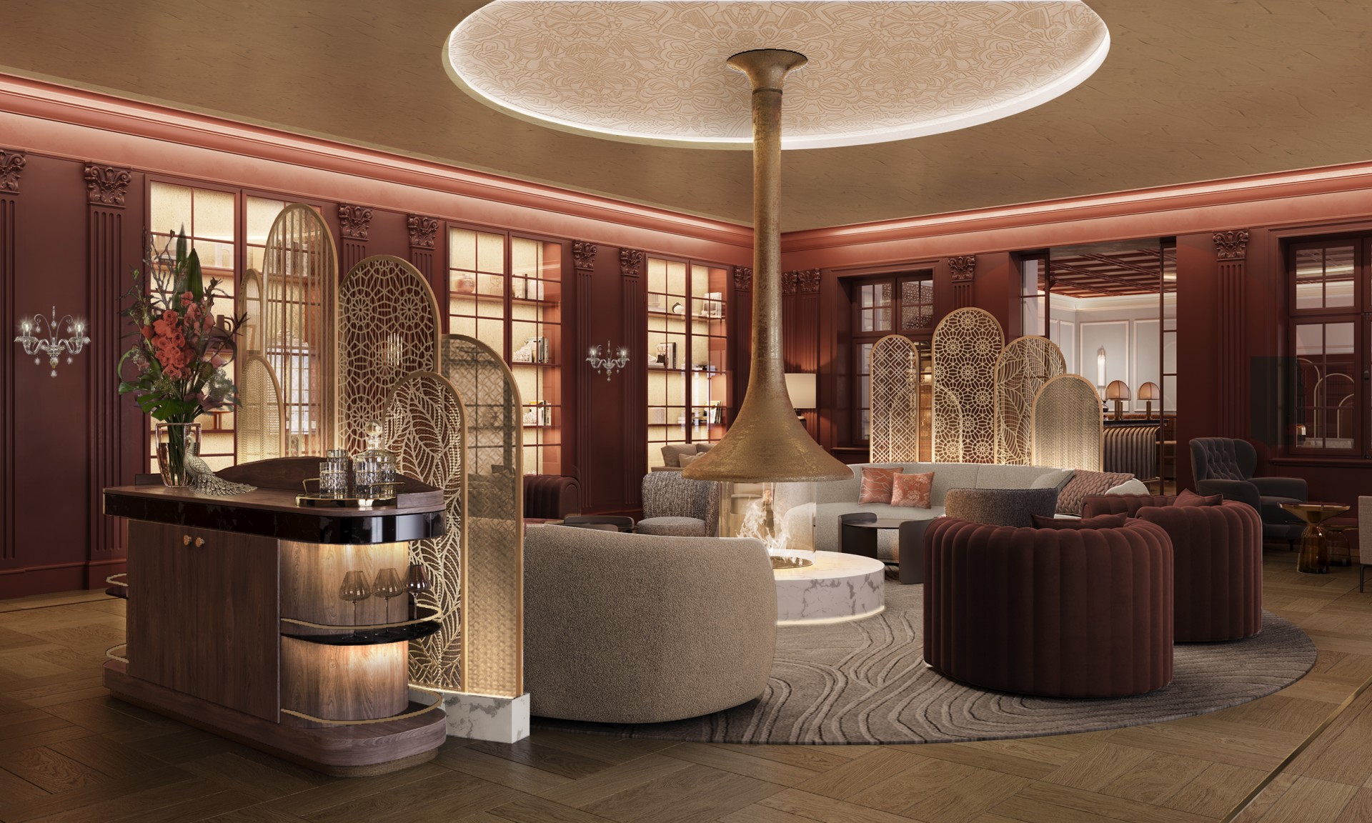 a room with a fireplace and a round fireplace