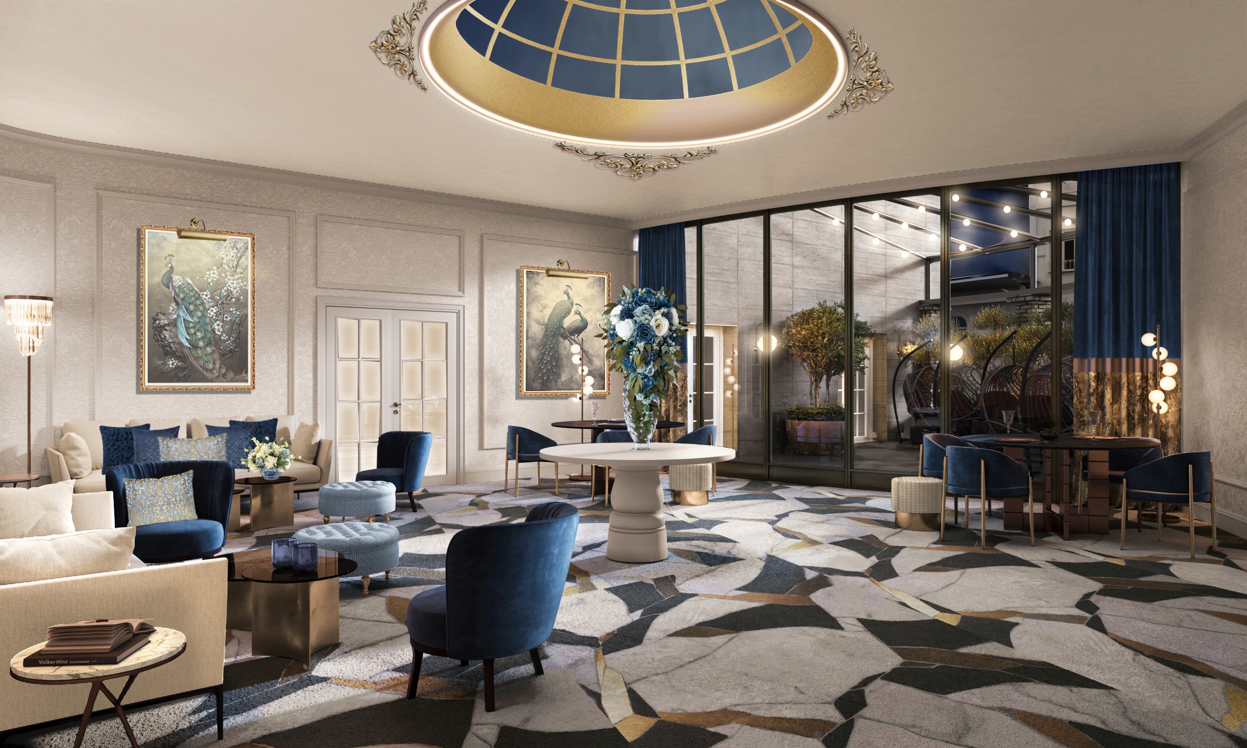 a room with a round table and chairs