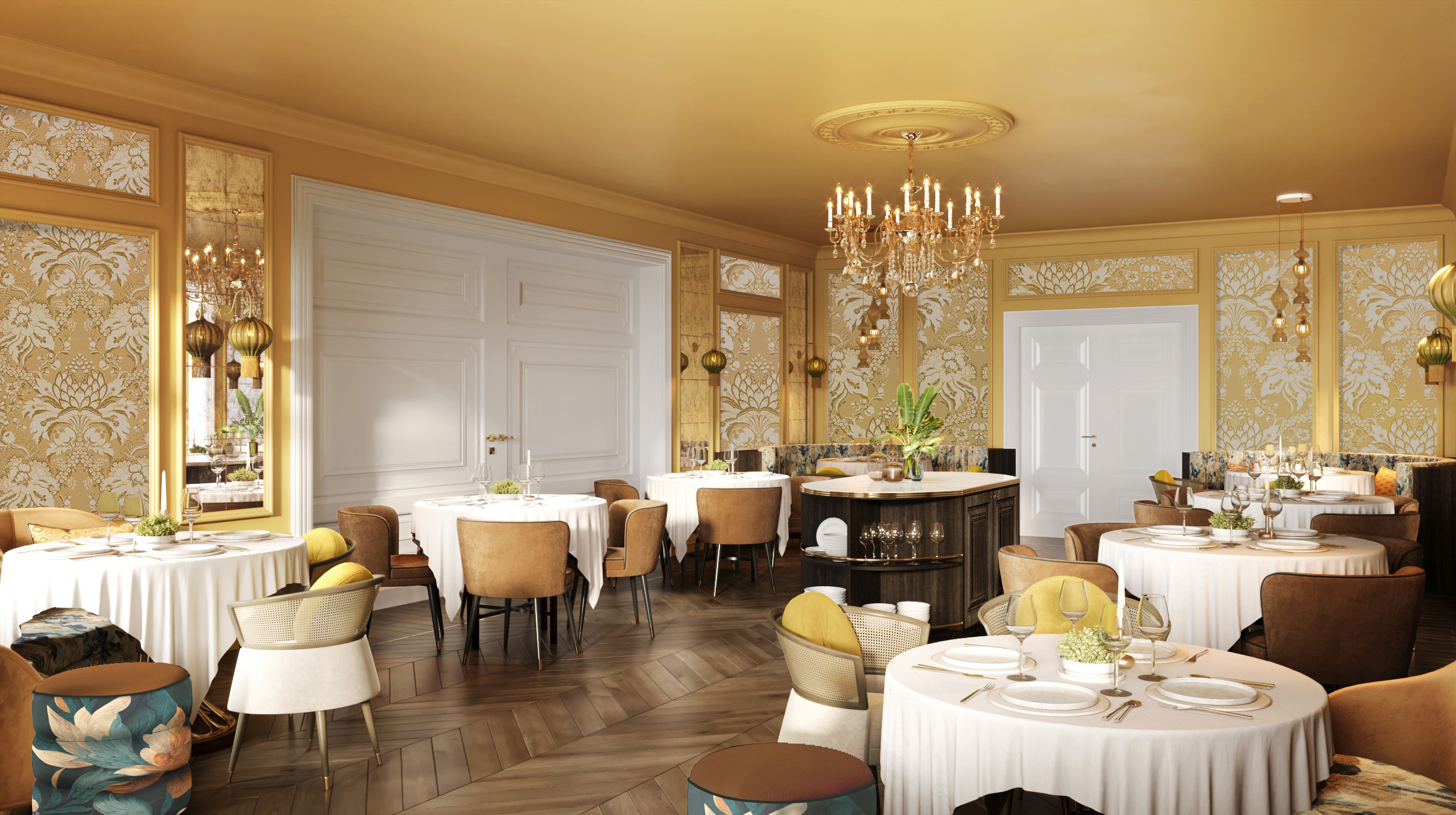 a room with tables and chairs
