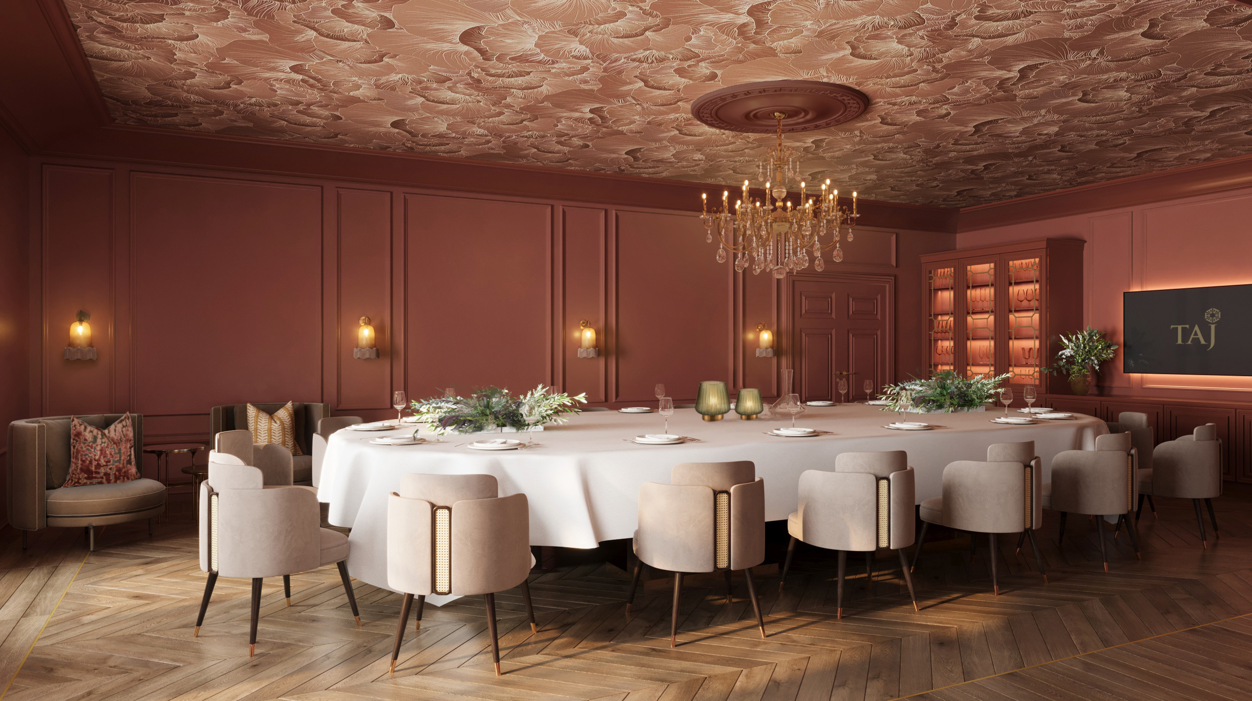 a large table with chairs and a chandelier