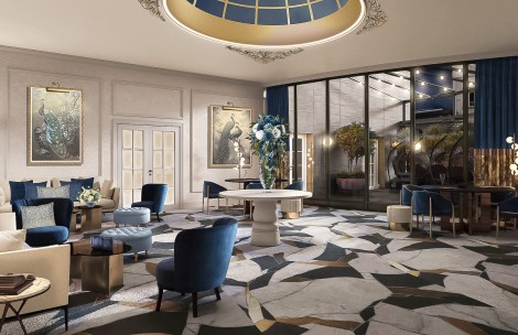 a room with a blue and white patterned floor and a blue and gold ceiling