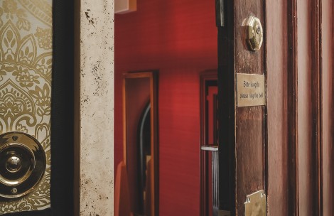 a door with a gold knob