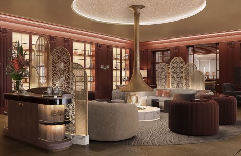 a room with a fireplace and a large round ceiling