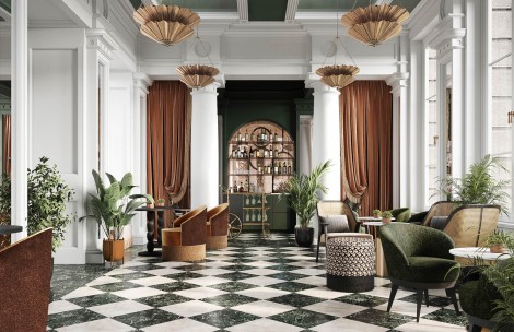 a room with a checkered floor and chairs