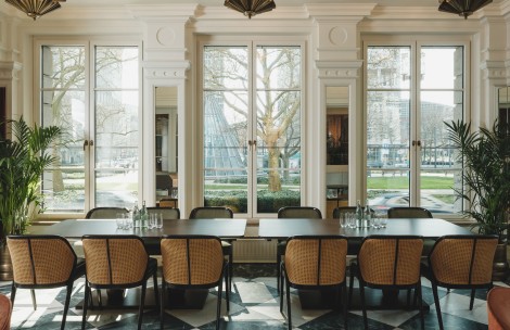 a room with tables and chairs