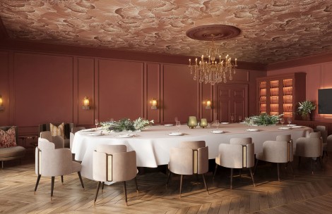 a large table with chairs and a chandelier
