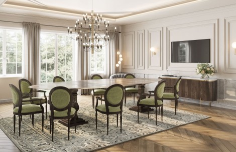 a room with a large table and chairs