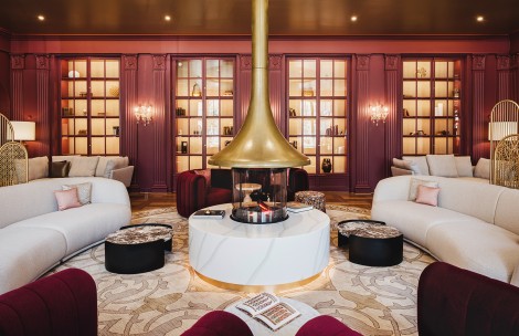 a room with a fireplace and a couch
