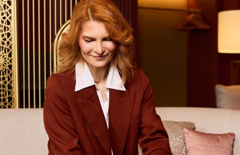 a woman in a red suit