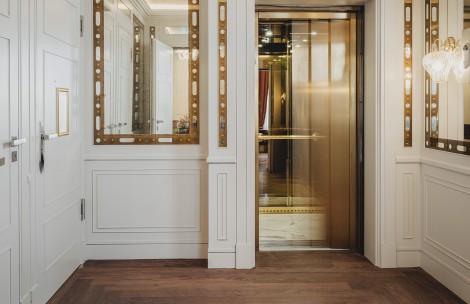 a elevator with a glass door
