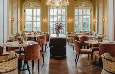 a room with tables and chairs