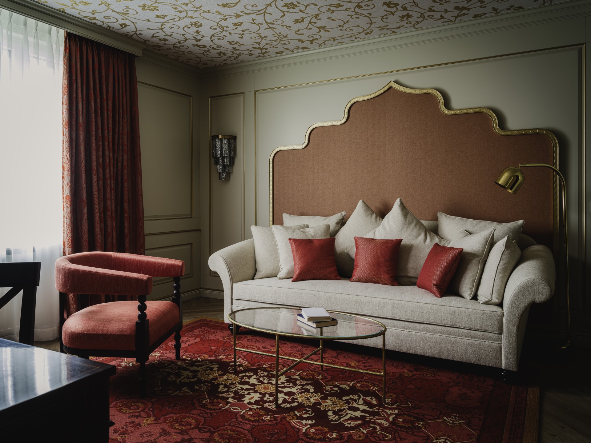 a room with a couch and a coffee table