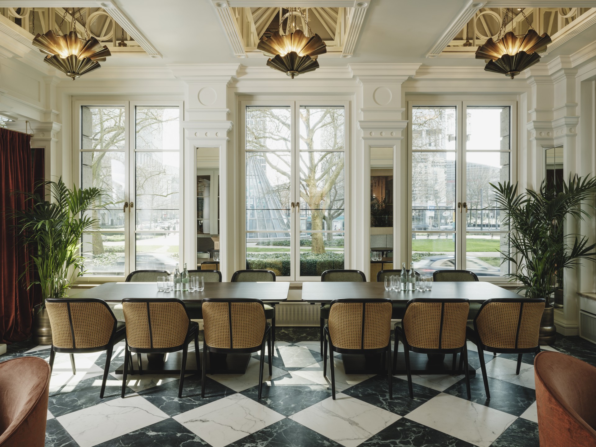 a room with a table and chairs