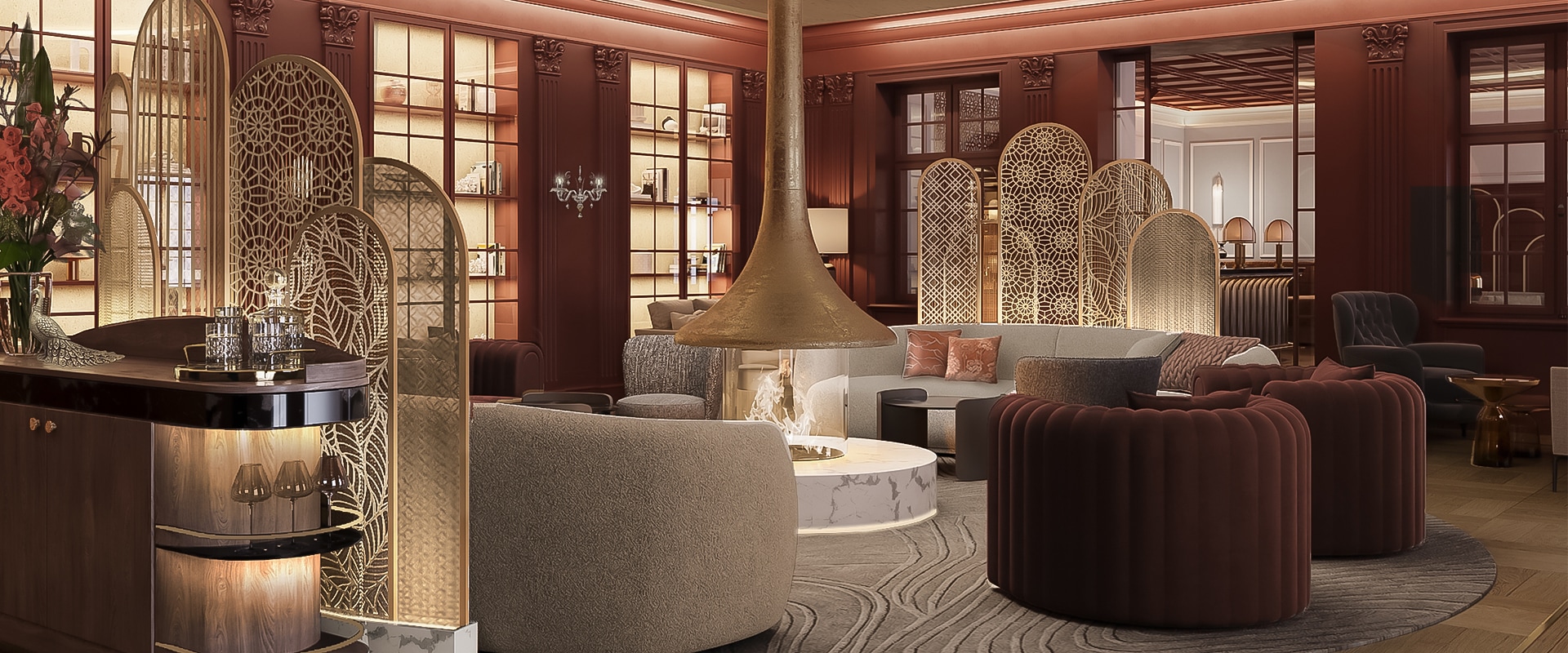 a room with a fireplace and chairs