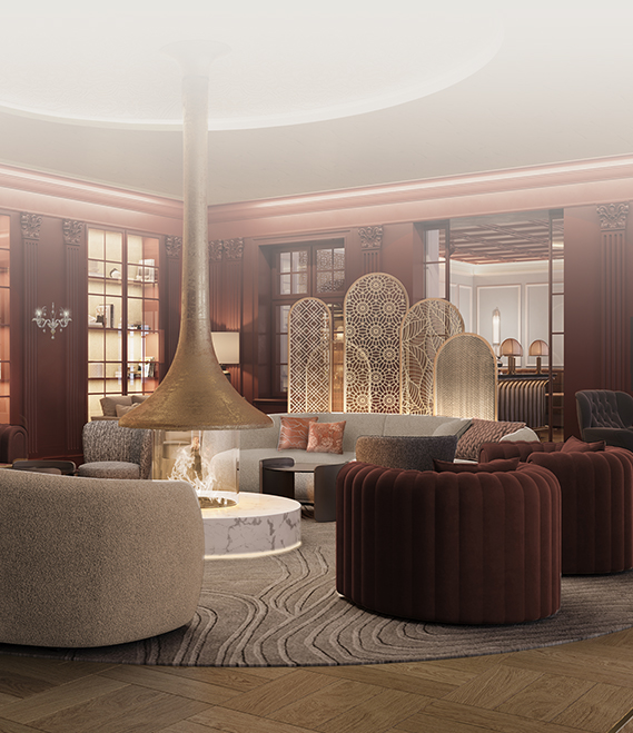 a room with a fireplace and couches