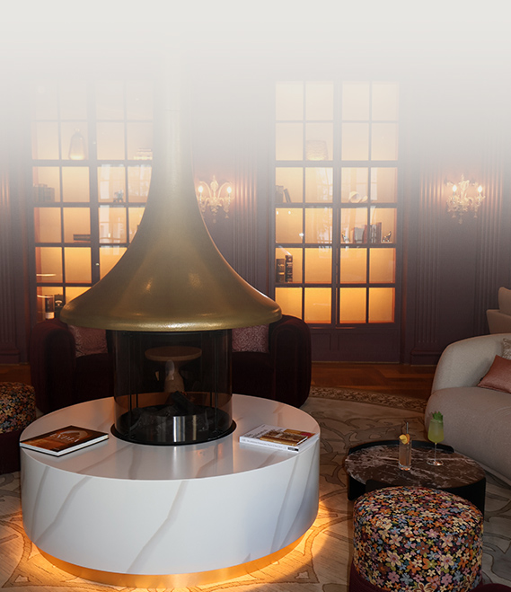 a room with a fireplace and a couch