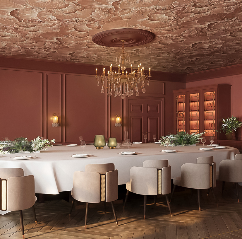 a large table with chairs and a chandelier