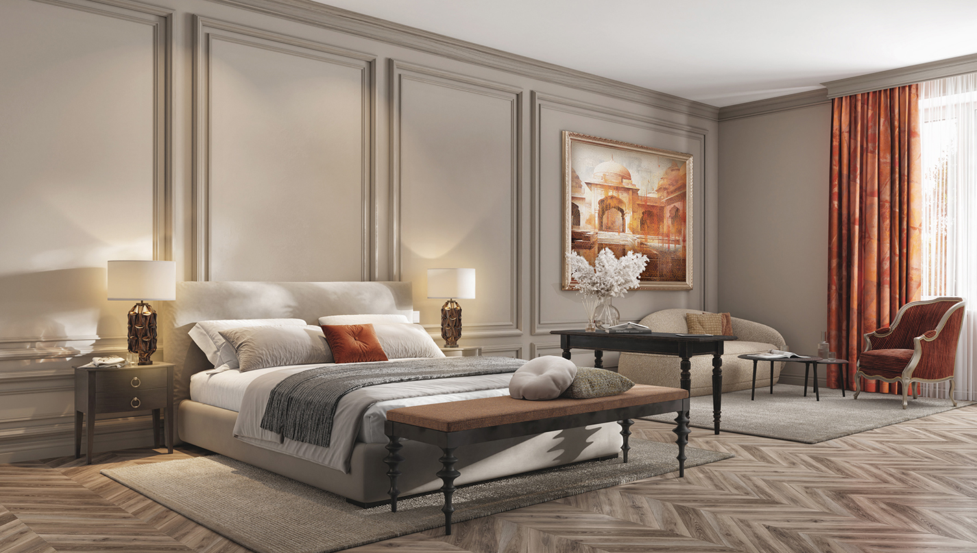 a bedroom with a bed and a table