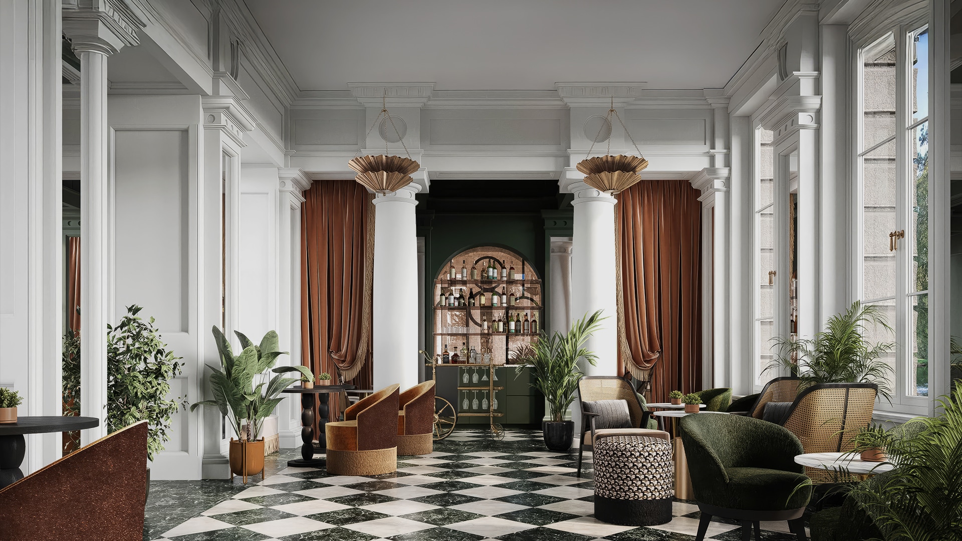 a room with a checkered floor and chairs