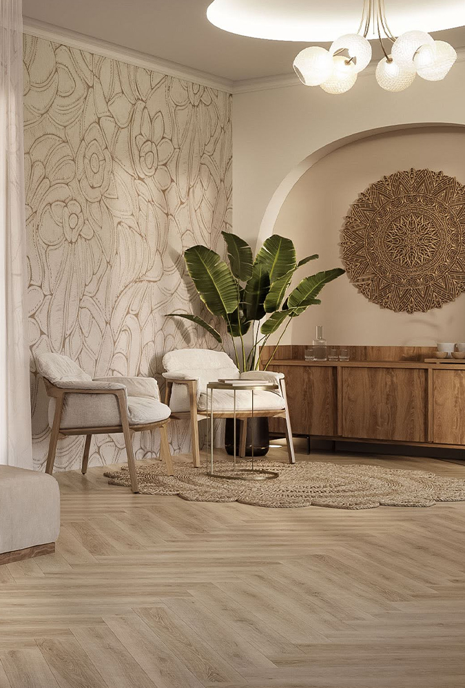 a room with a large plant and a chair