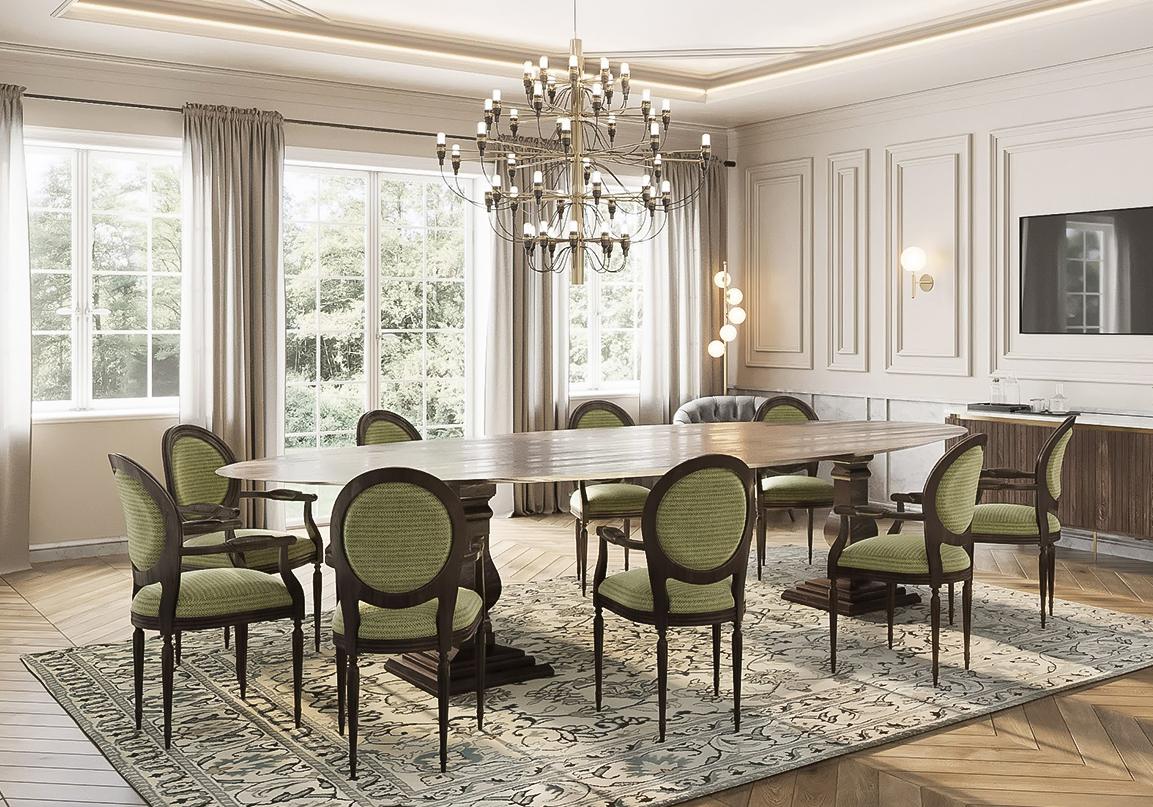 a room with a large table and chairs