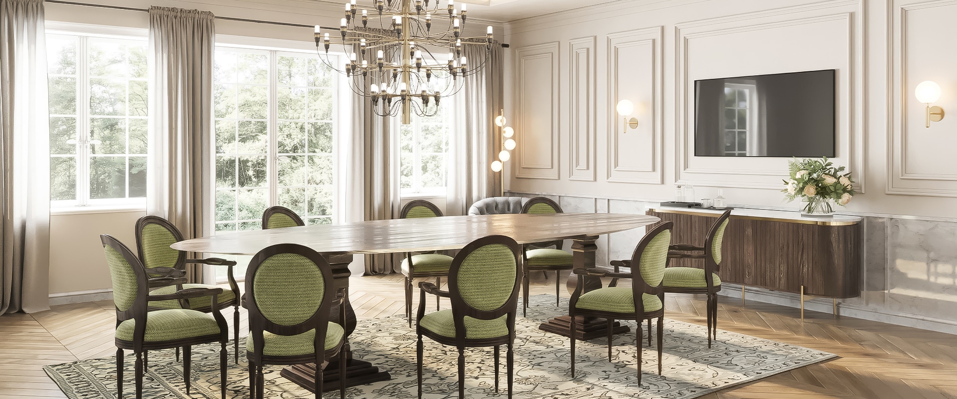 a room with a table and chairs