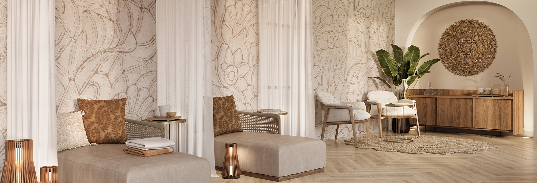 a room with a chaise lounge and chairs
