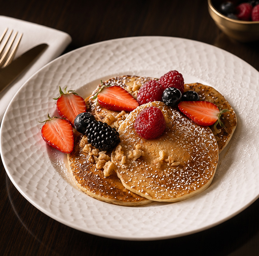 a plate of pancakes with berries on top