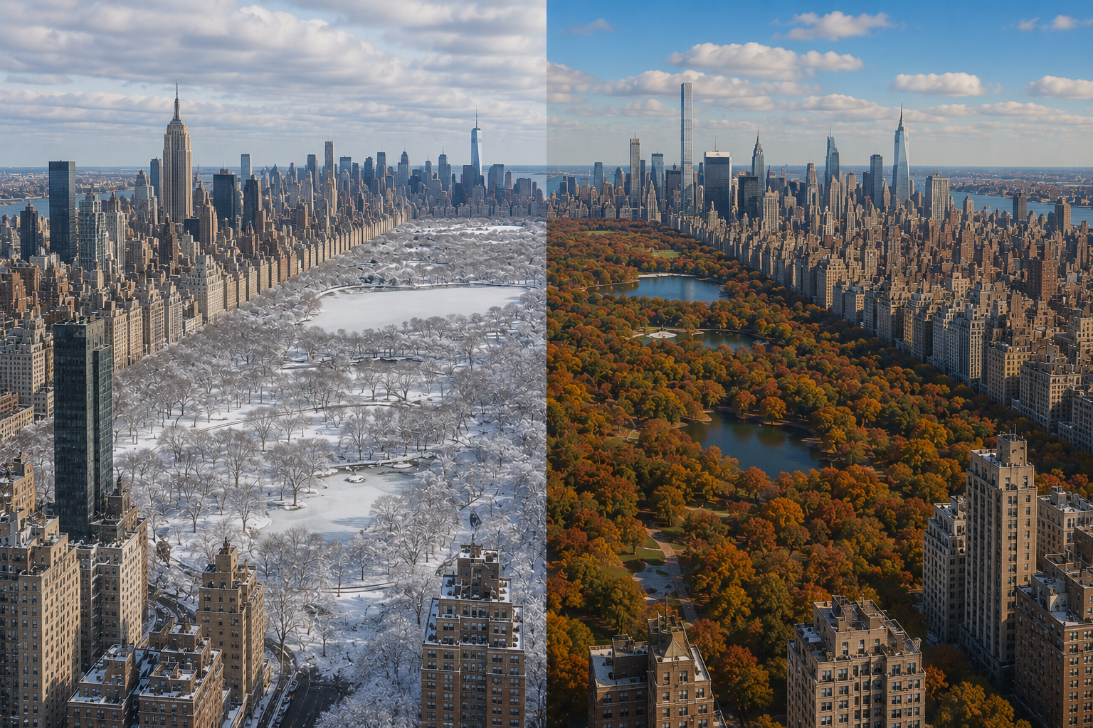 a split image of a city with trees and buildings