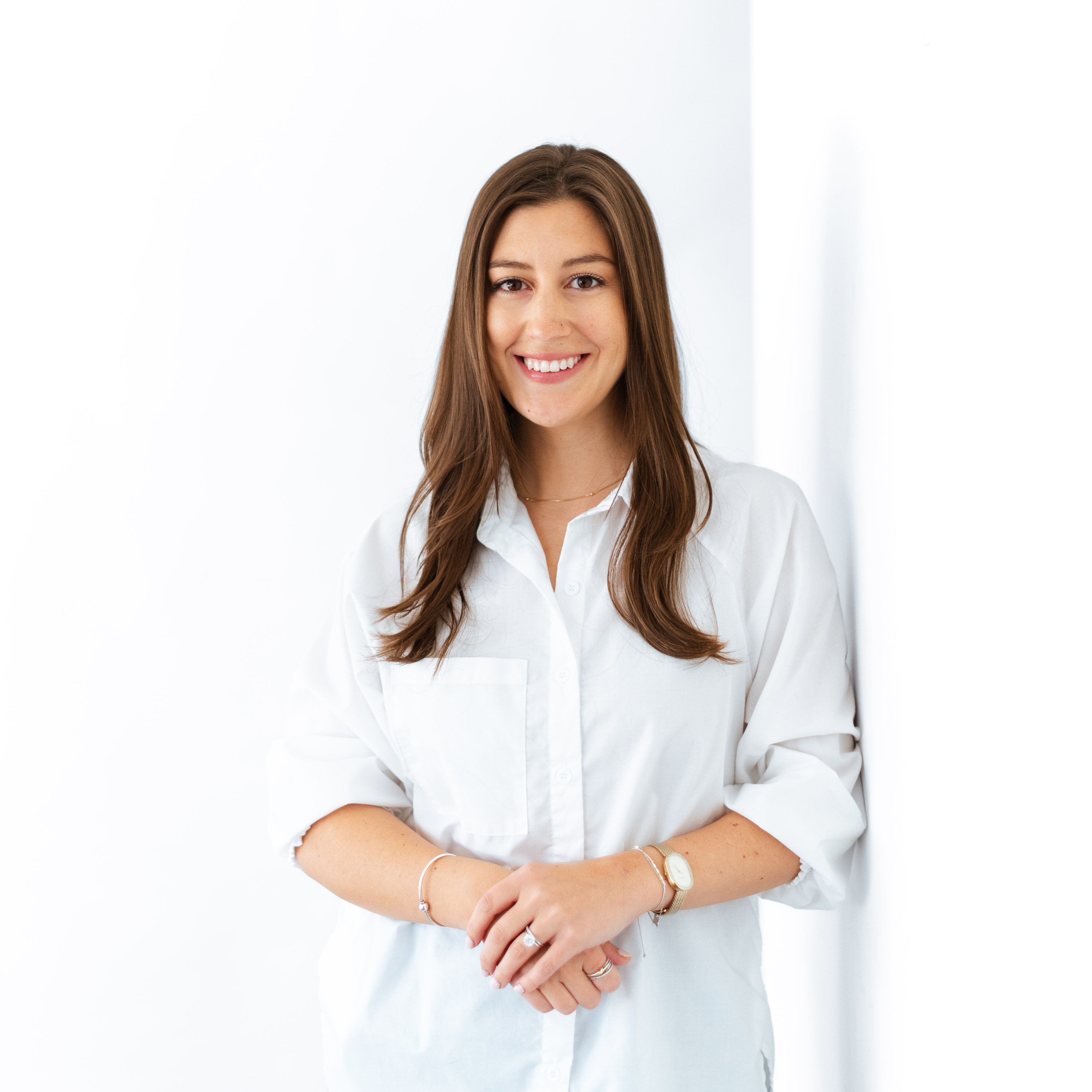 a woman in a white shirt