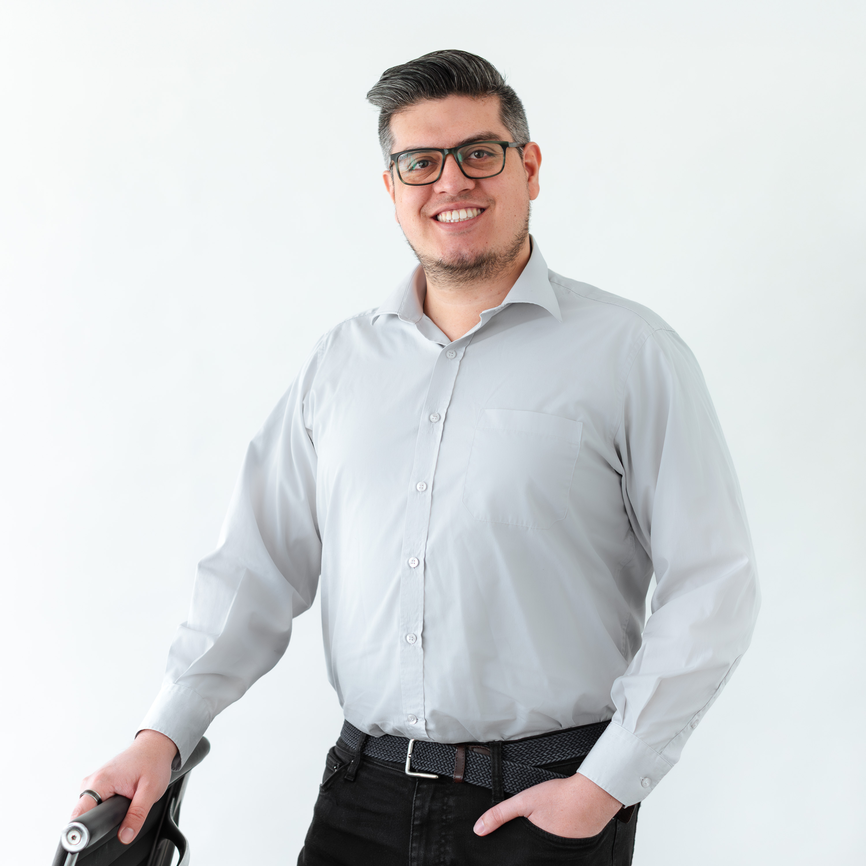 a man holding a black object