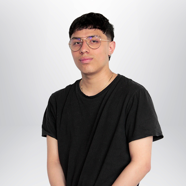 a man wearing glasses and a black shirt
