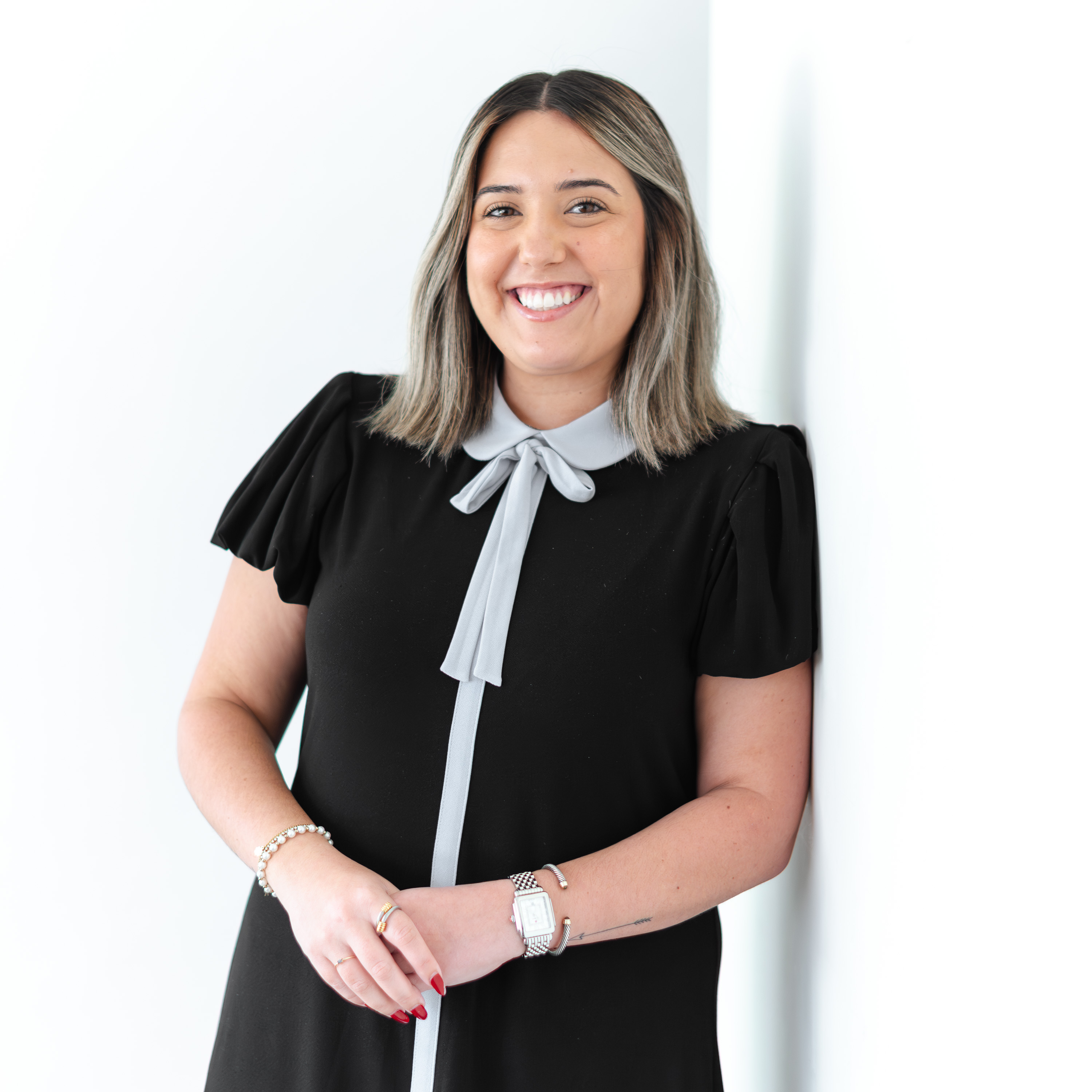 a woman in a black dress