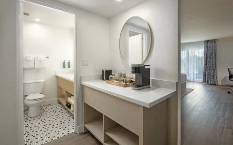 a bathroom with a mirror and a toilet