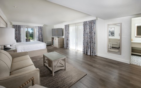 a room with a bed and a television