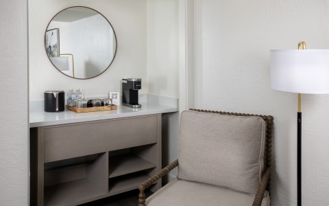 a chair next to a counter