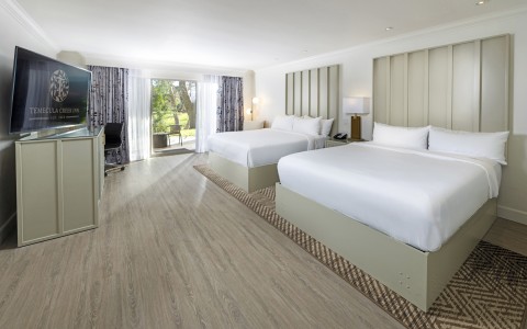 a room with two beds and a desk