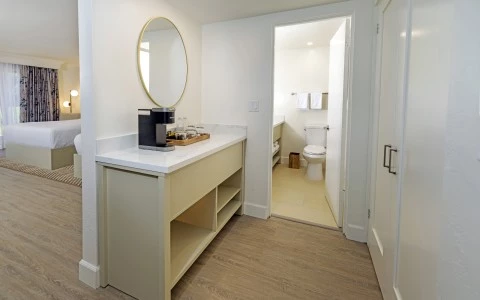 a bathroom with a mirror and a toilet