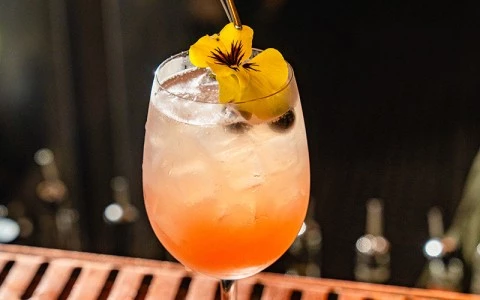 a hand holding a drink with a flower on top of it