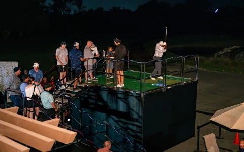 a group of people standing on a green surface