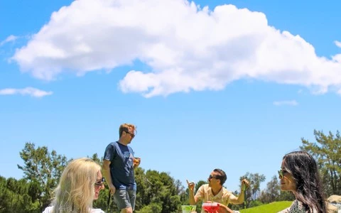 a group of people sitting on a golf course