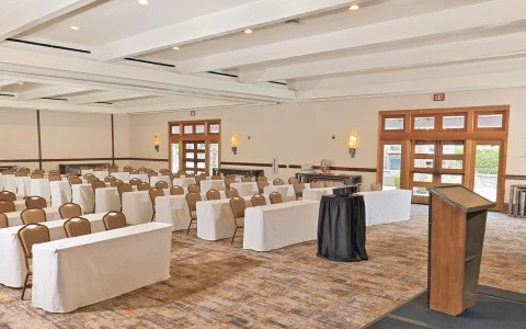 a room with tables and chairs