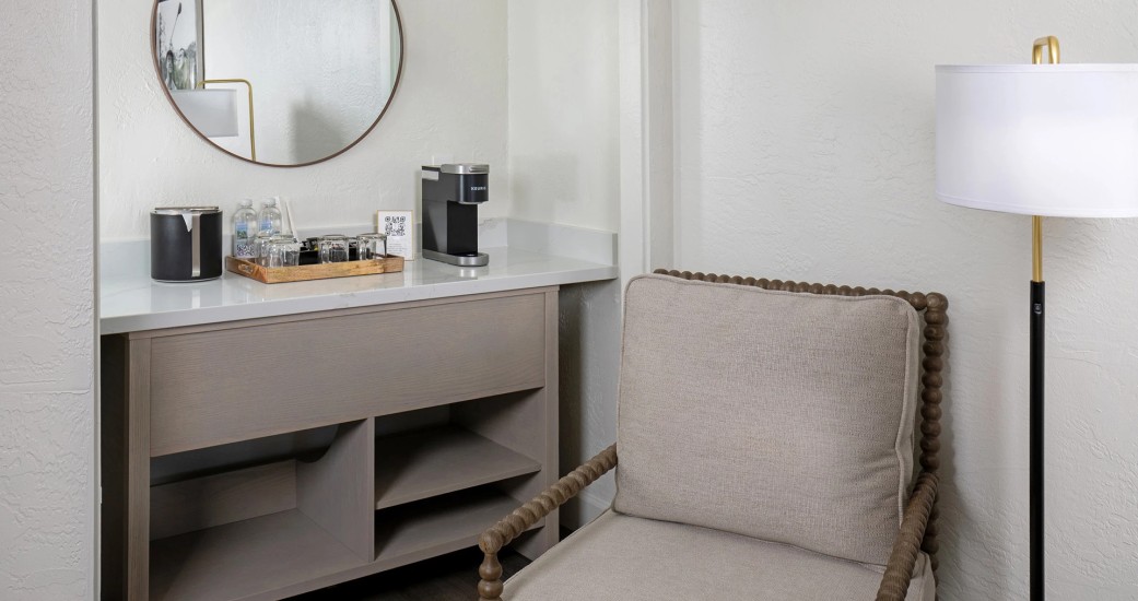 a chair next to a counter