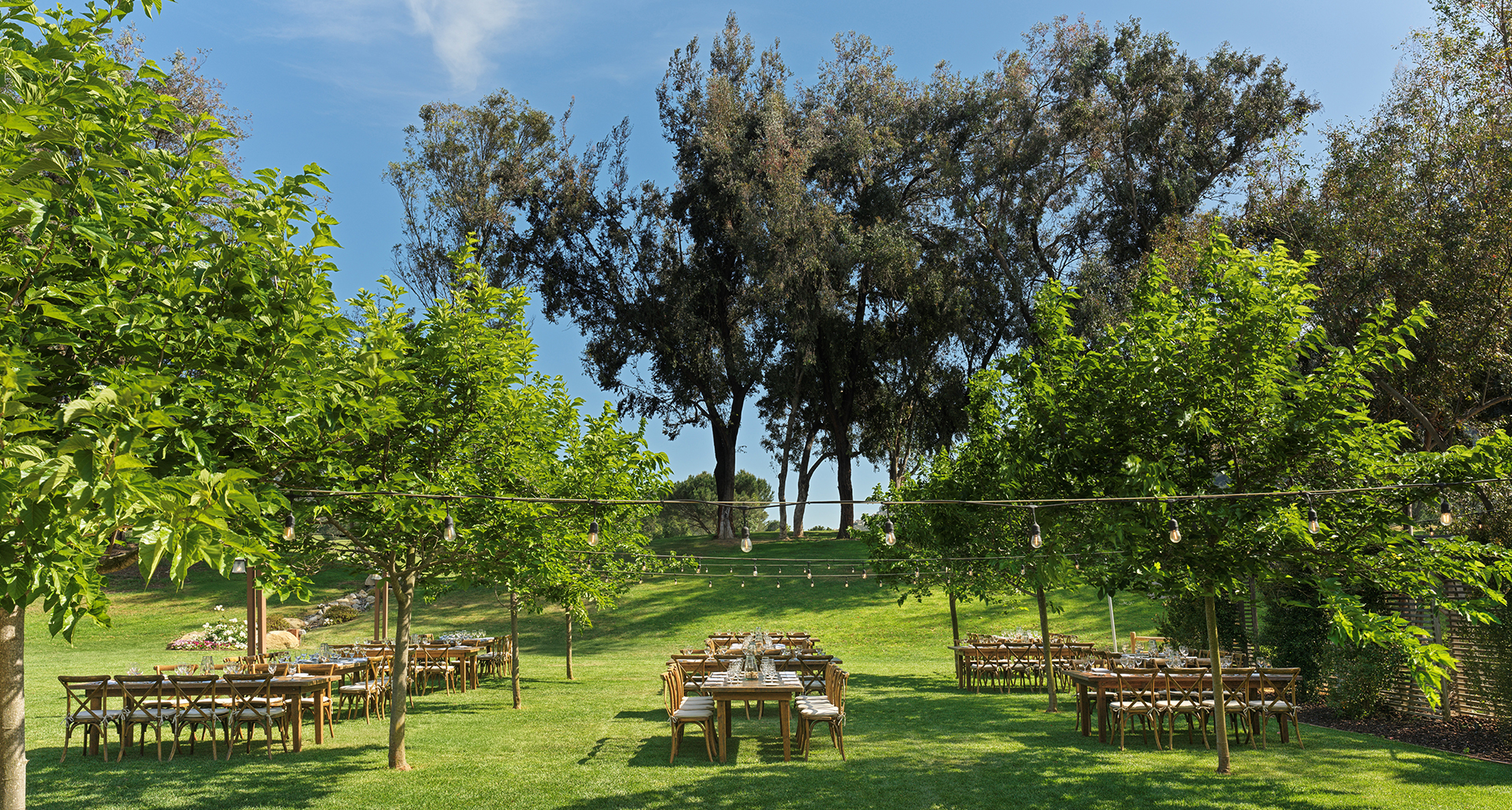 a group of tables and chairs in a grassy area