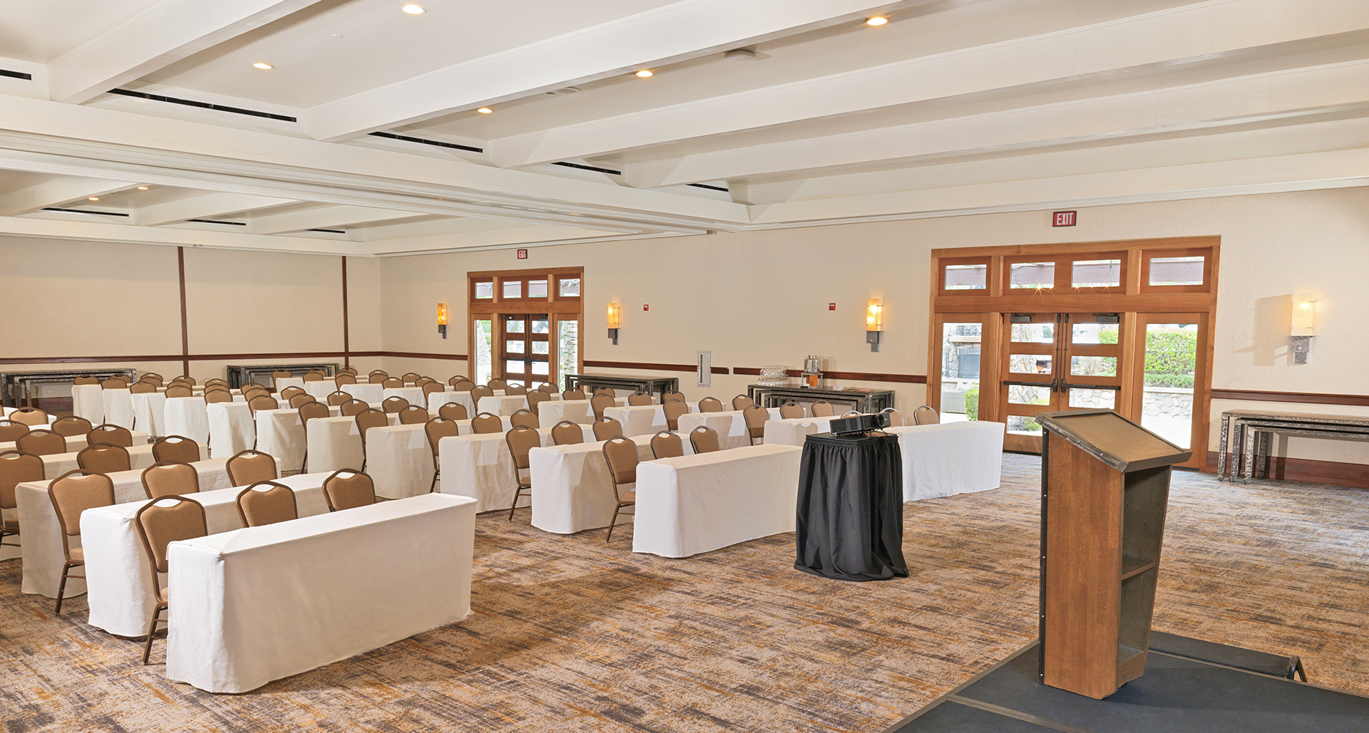 a room with tables and chairs